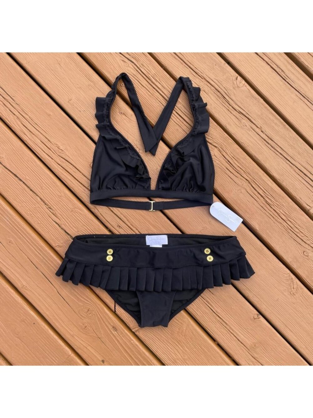 Vintage black bikini set with ruffled trim and button detailing